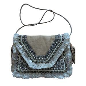 SHASHI Revolve Leela Clutch Natural Burlap silver coin and beads EUC